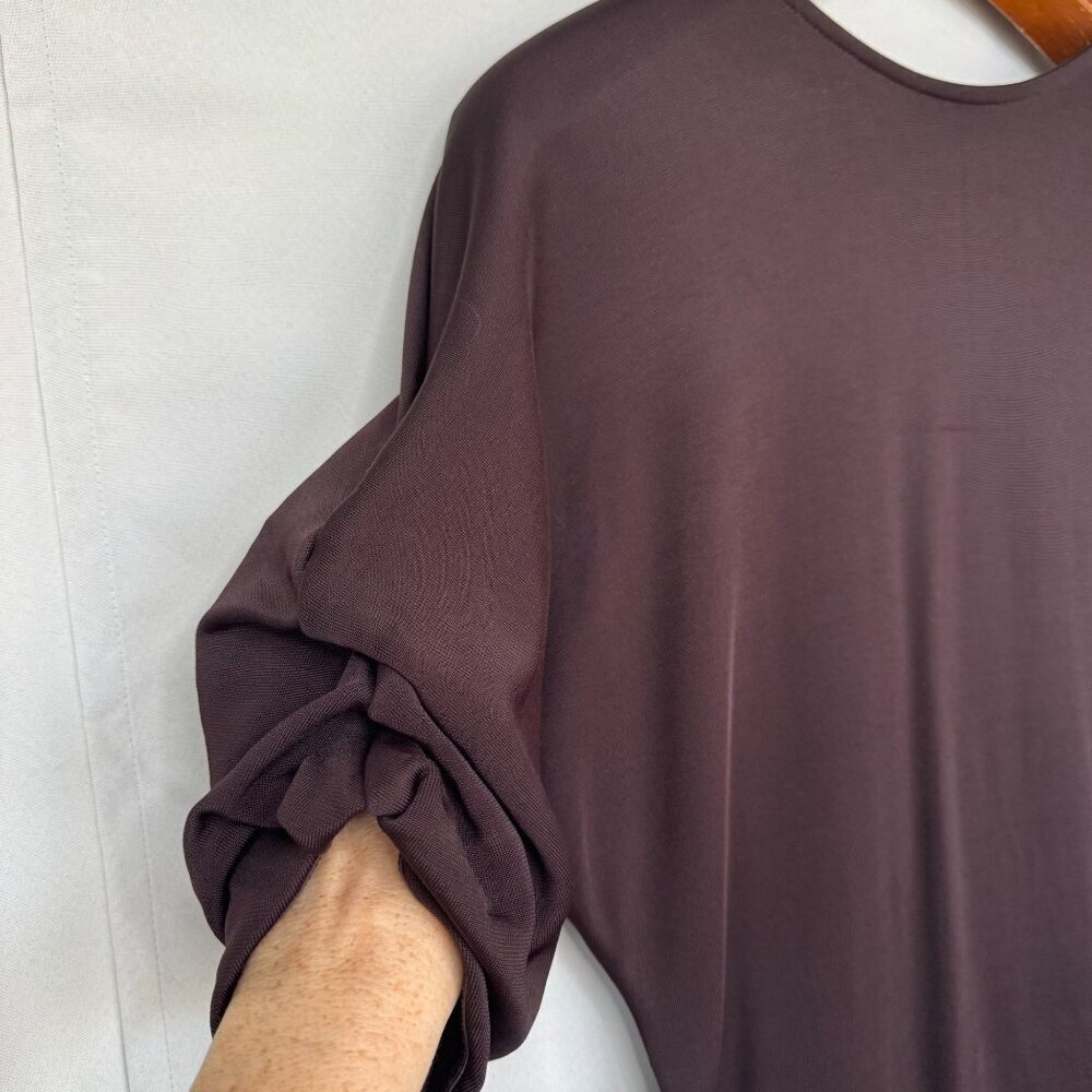 COS Chocolate Brown Ponte Knit Gathered Sleeve Open Back Midi Dress Size Large - Picture 4 of 14